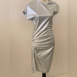 Paco Rabanne Metallic Silver Asymmetrical Ruched Dress